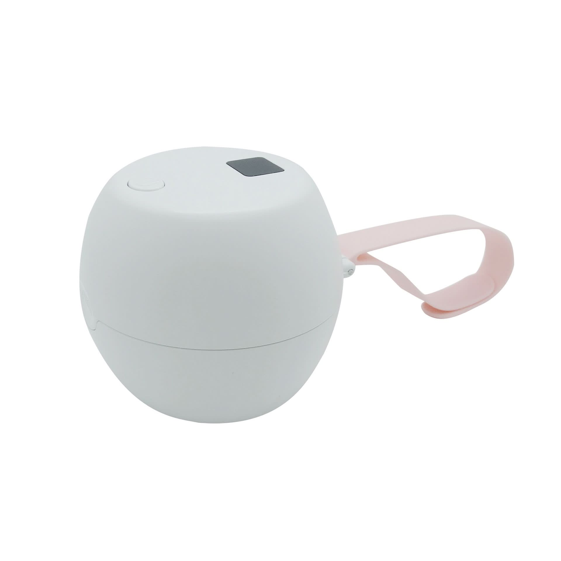 Box sterilizzatore UV‑LED per ciucci: bianco con cinturino rosa, alimentazione USB.