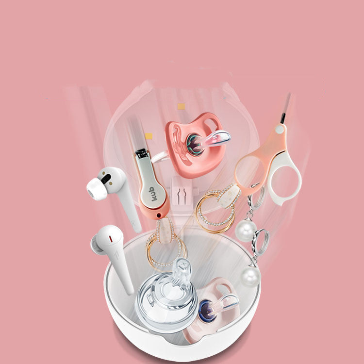 Box sterilizzatore UV LED per succhietti neonati, USB; bianco-rosa con accessori.