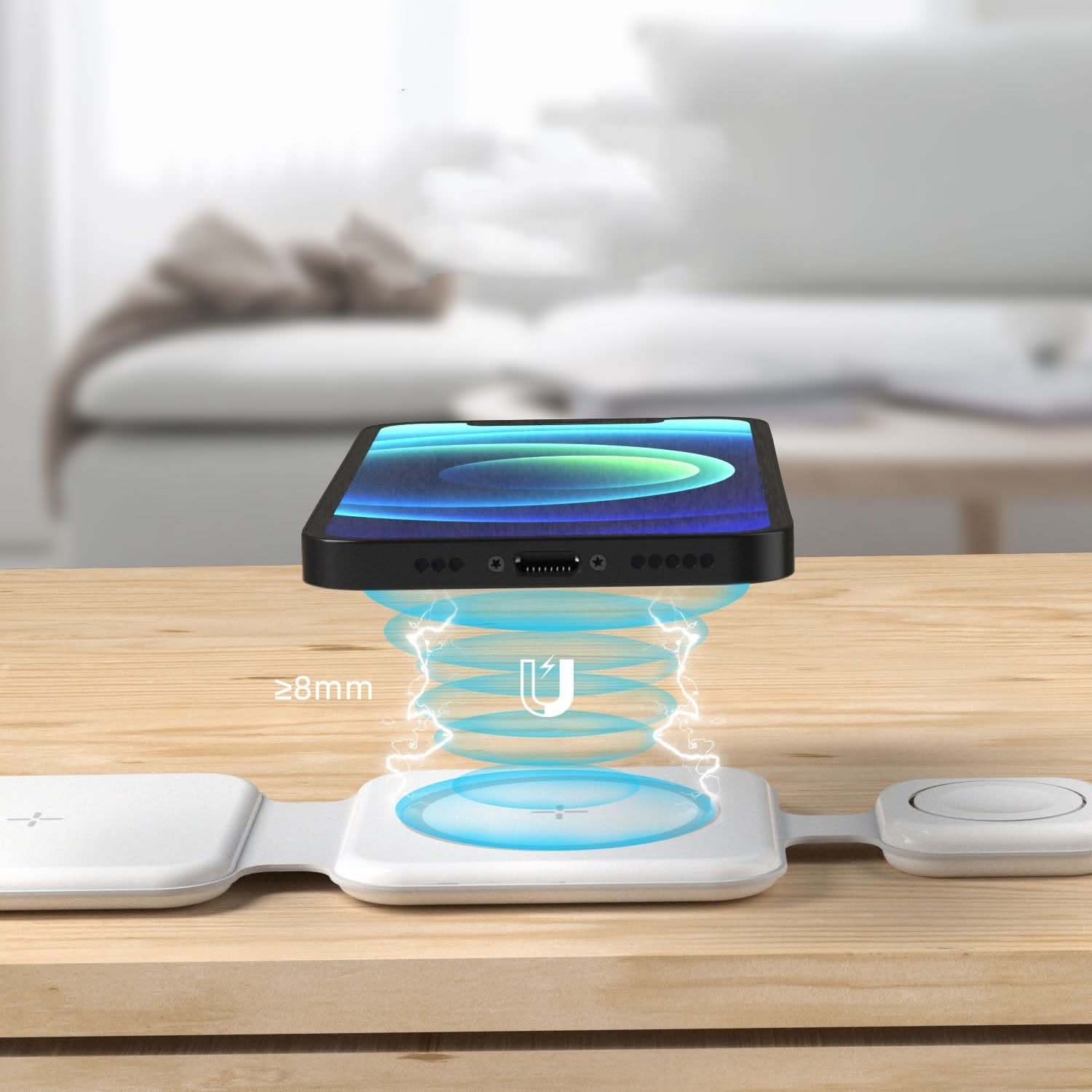 Stazione di ricarica wireless magnetica 3-in-1 pieghevole FD-308, ricarica rapida 15W con custodia e magneti integrati