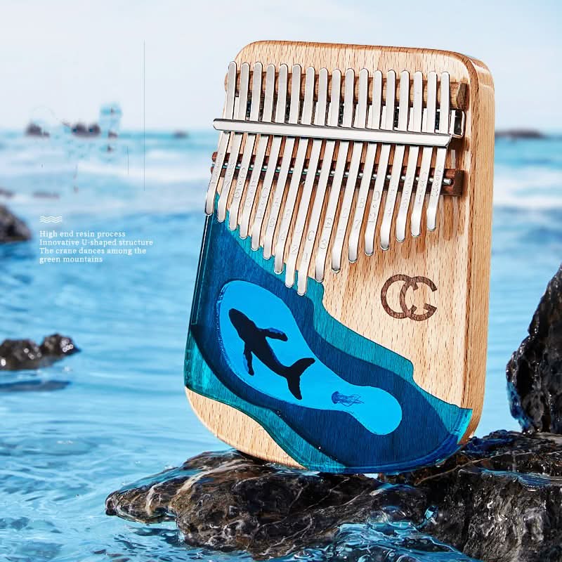 Kalimba Beech con resina ecologica, 17 o 21 tasti, decorazione balena blu su legno di faggio.