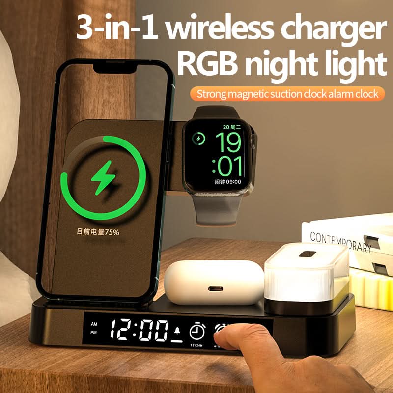 Stazione di ricarica wireless 3 in 1 con orologio da comodino e luce RGB, ricarica smartphone, orologi e auricolari.