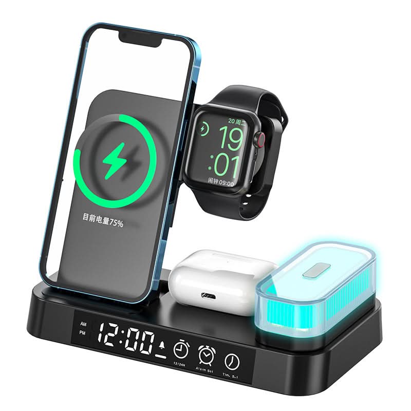Stazione di ricarica wireless 4 in 1 con orologio e luce RGB, supporto pieghevole per telefono, orologio e auricolari