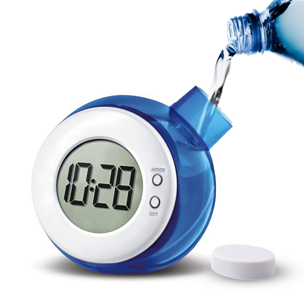 Orologio allarme digitale blu alimentato ad acqua, display LCD e pulsanti laterali.
