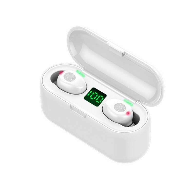Auricolari sport wireless Bluetooth impermeabili con custodia e display LED verde.