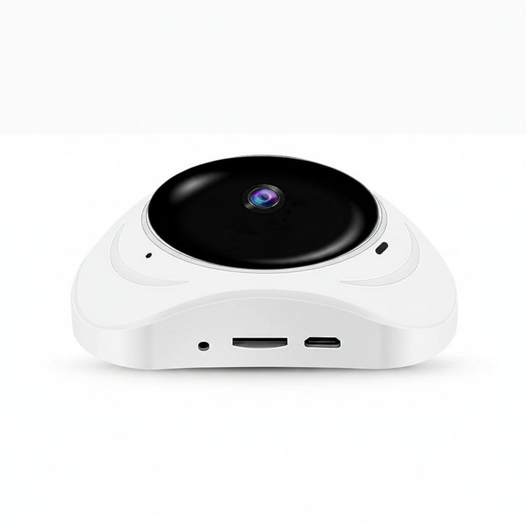 Telecamera di sicurezza per smart home, design a UFO con lente panoramica 3D e corpo bianco.