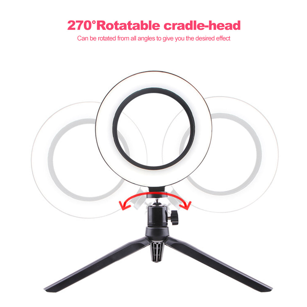 Anello LED da 26 cm su treppiede con testa a snodo 270°.