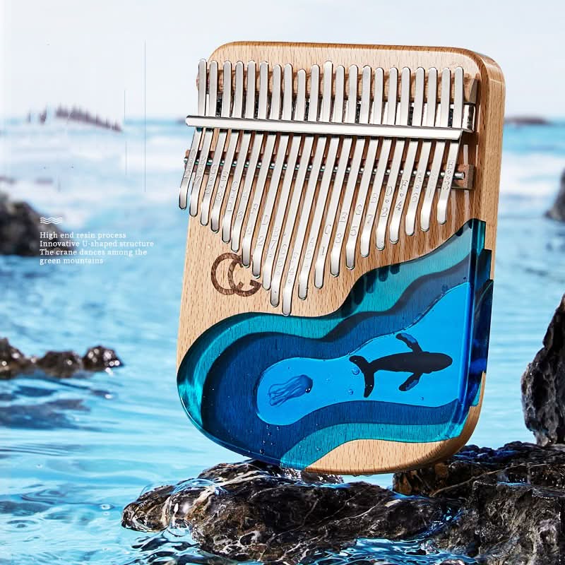 Kalimba Beech con resina ecologica blu mare, motivo balena, 17 o 21 toni, legno di faggio.