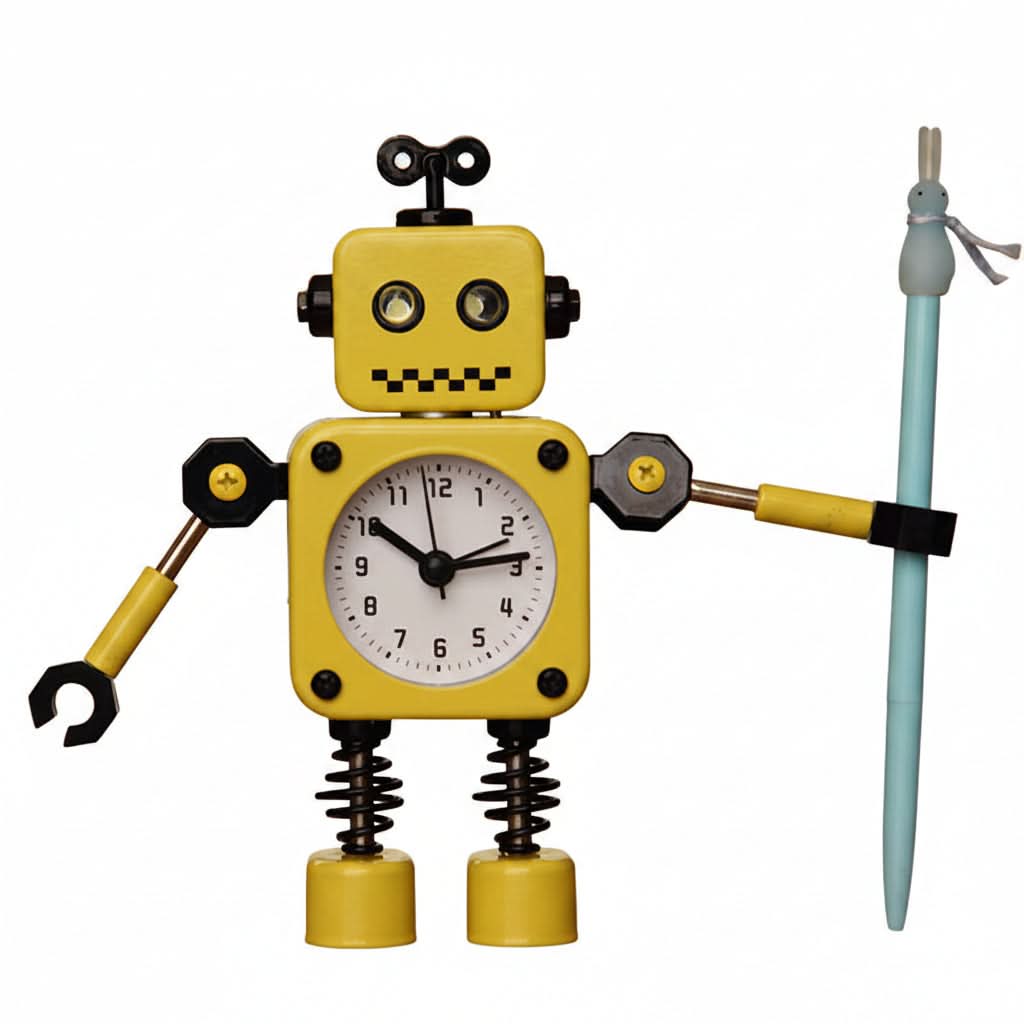 Orologio sveglia robot deformato giallo, stile cartone, piccolo per studio e casa, con matita.
