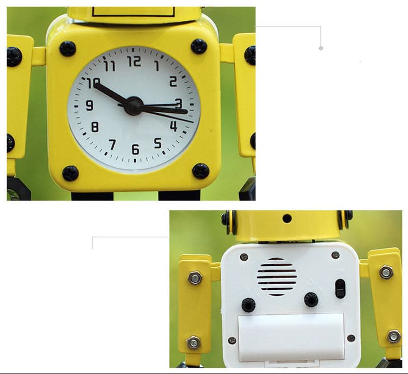 Orologio sveglia robot deformabile giallo, quadrante analogico, stile cartoon, piccolo da comodino