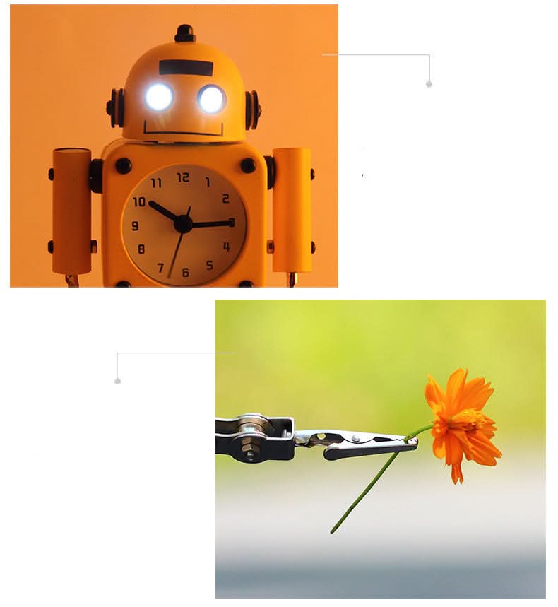 Orologio sveglia robot giallo in stile cartone animato con quadrante, pinza trattiene un fiore arancione.