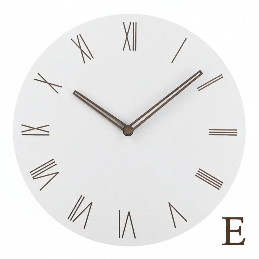 Orologio da parete rotondo bianco con numeri romani marroni e lancette scure, diametro 12 pollici.