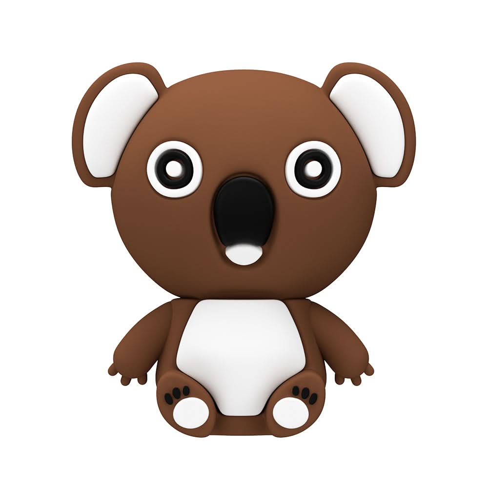 Koala cartoon in silicone marrone con pancia bianca seduto, stile kawaii.