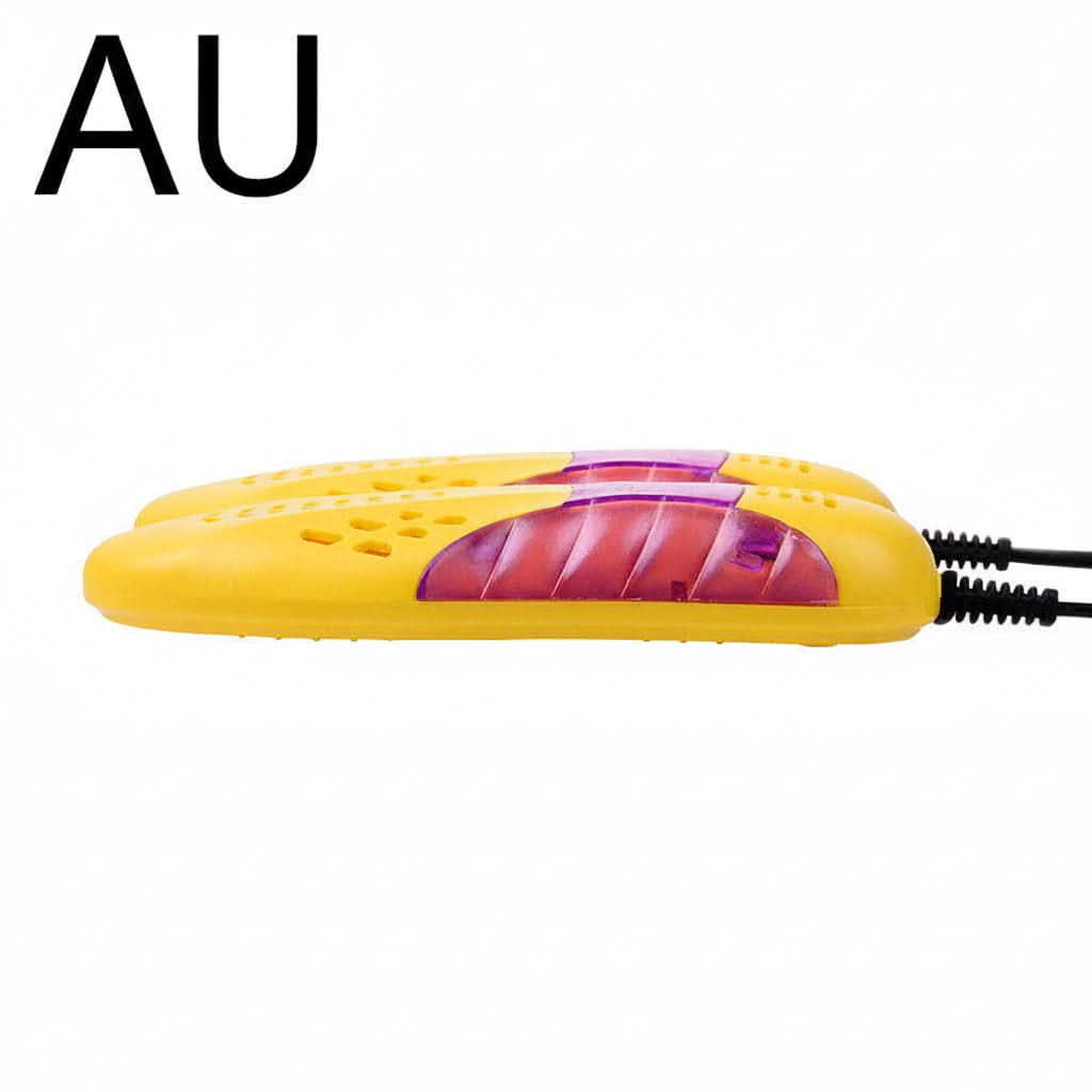 Asciugatore di scarpe multifunzionale per uso domestico, autunno-inverno, corpo giallo con inserti viola, 17x6x3 cm, 12 W, 220 V.
