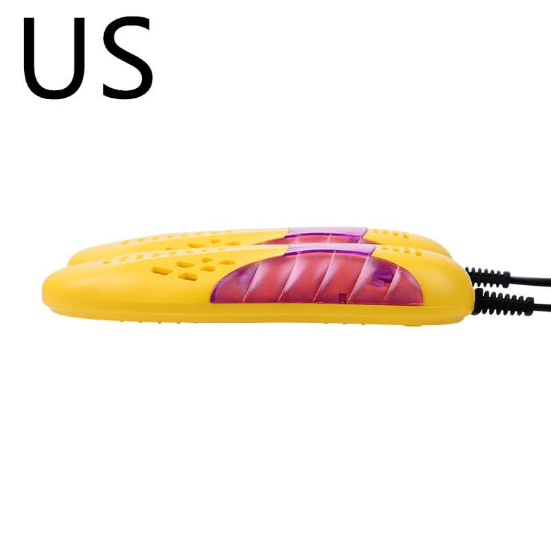 Asciugatore per scarpe giallo in plastica con elemento viola, 220 V 12 W, dimensioni 17×6×3 cm.