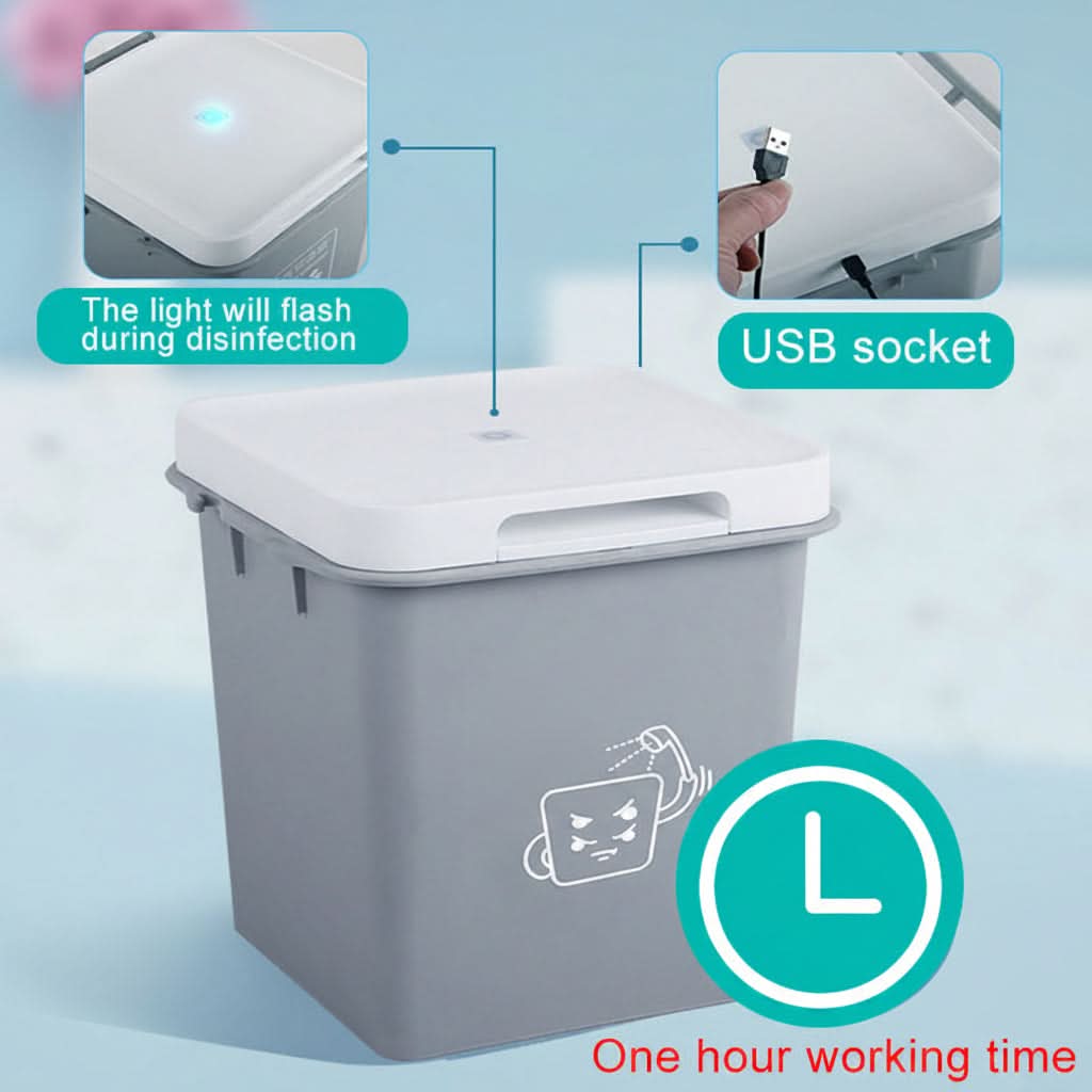 Sterilizzatore UV USB 4L grigio in ABS; 28x26x22 cm; sterilizza mascherine, telefoni, portafogli, occhiali; 1 ora.