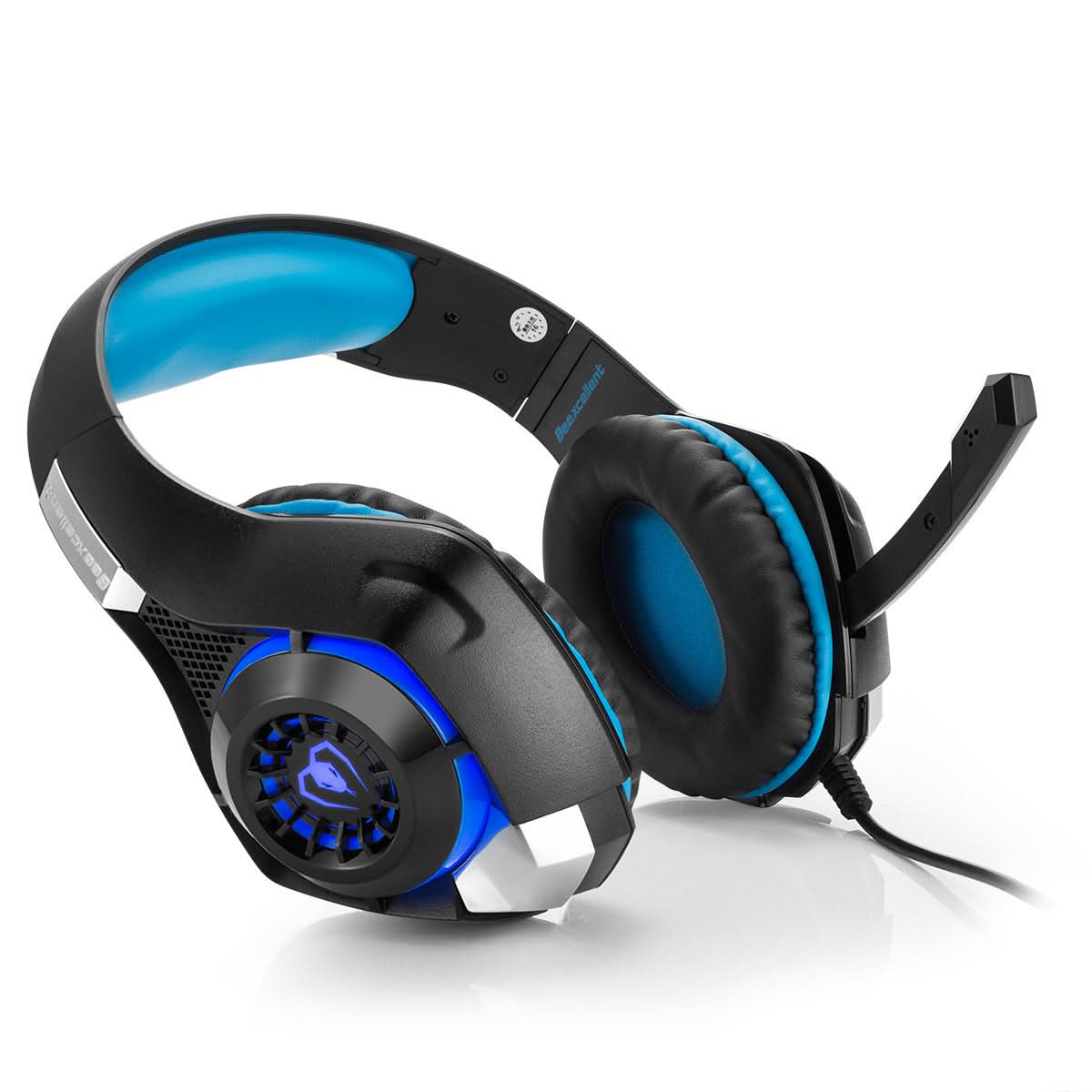 Cuffie da gioco Beexcellent GM-1 con microfono, LED blu, padiglioni imbottiti, compatibili con diversi dispositivi e console.