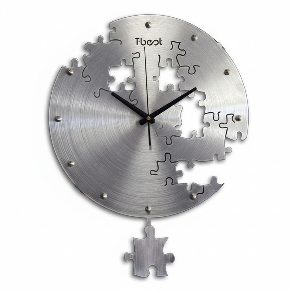 Orologio da parete circolare in metallo spazzolato da 16 pollici con motivo puzzle e pendente a pezzo di puzzle, silenzioso