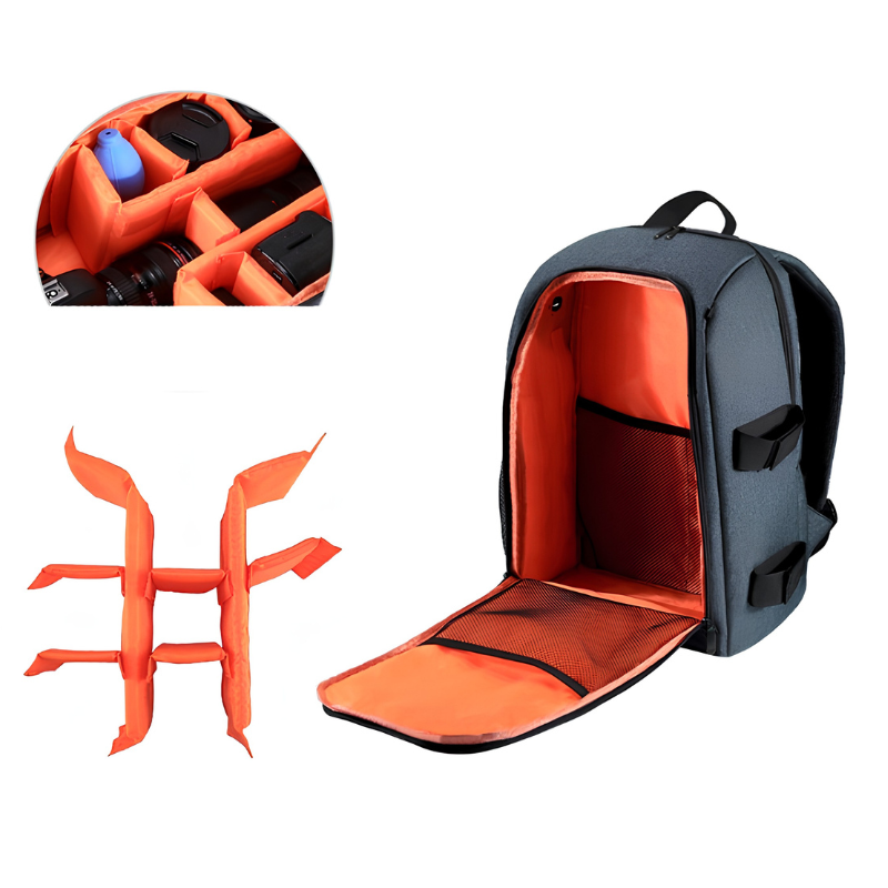 Zaino impermeabile per fotocamera con scomparti modulari, interno arancione e manico/spallacci morbidi.