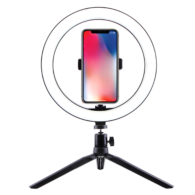 Ring light LED da 26 cm con telefono al centro e supporto su treppiede, controllo Bluetooth 4.0