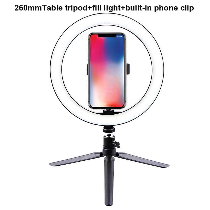 Anello LED da 26 cm su treppiede con clip per smartphone e telecomando Bluetooth 4.0.