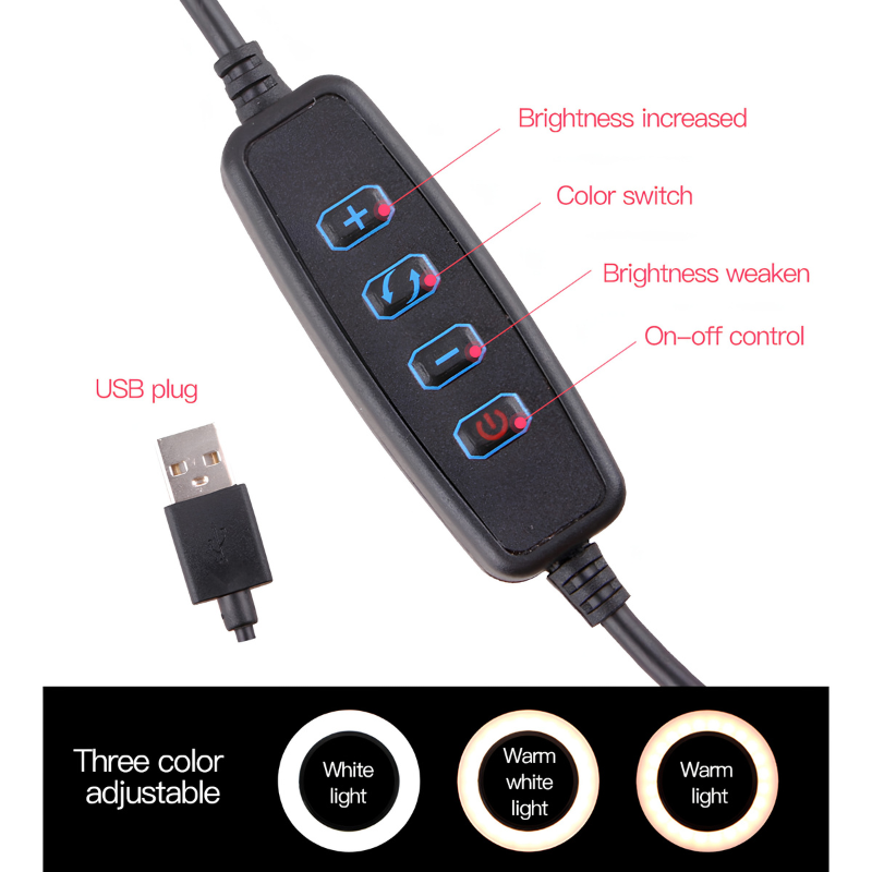 Anello LED da 26 cm con controllo USB e telecomando Bluetooth 4.0, tre colori regolabili per illuminazione desktop.