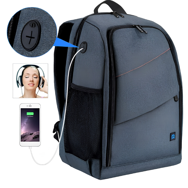 Zaino fotocamera impermeabile a doppia spalla con accesso per cavo USB, scomparti organizzati e manico morbido.