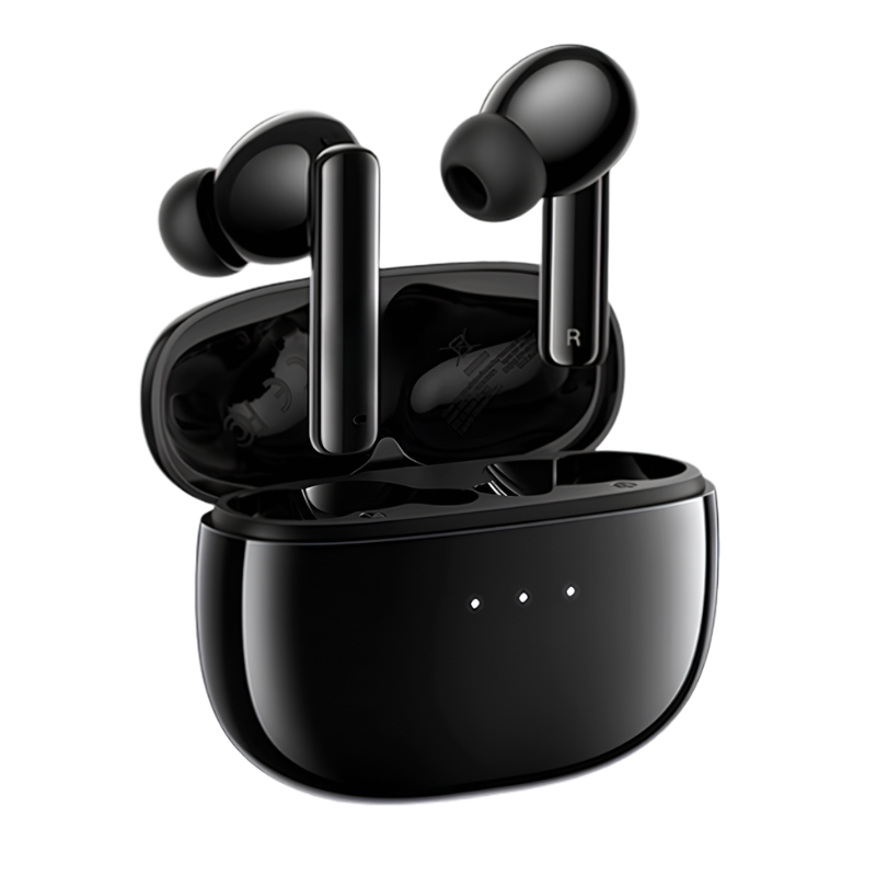 Auricolari Bluetooth con cancellazione attiva del rumore nella custodia nera, immagine principale.