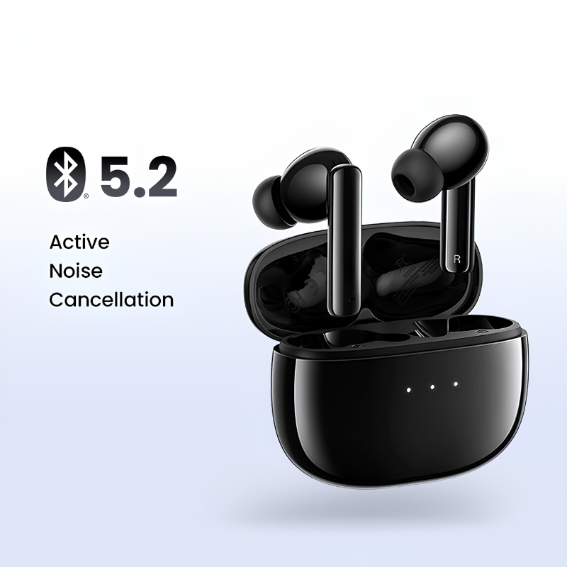 Auricolari Bluetooth con cancellazione attiva del rumore nella custodia nera, Bluetooth 5.2
