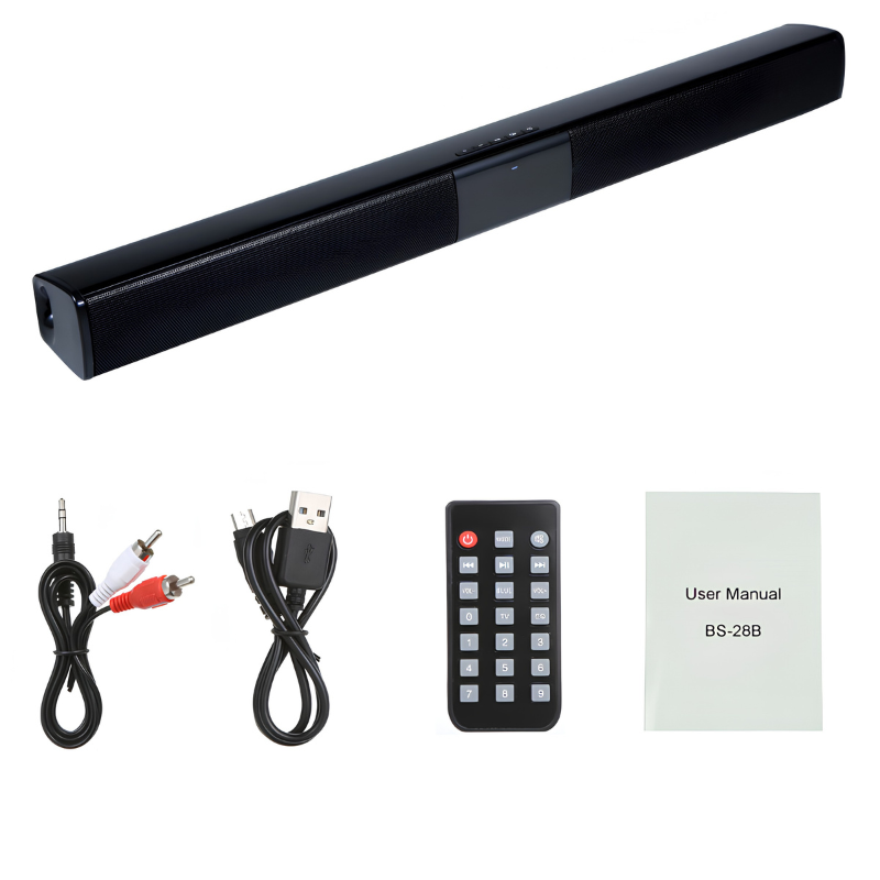 Soundbar Bluetooth da 20W per TV/computer con radio FM, telecomando, cavi USB/aux e manuale