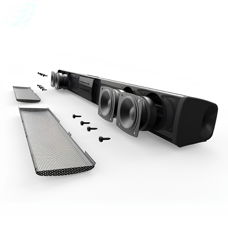 Soundbar TV da 20W smontata: quattro altoparlanti, griglia e viti in primo piano