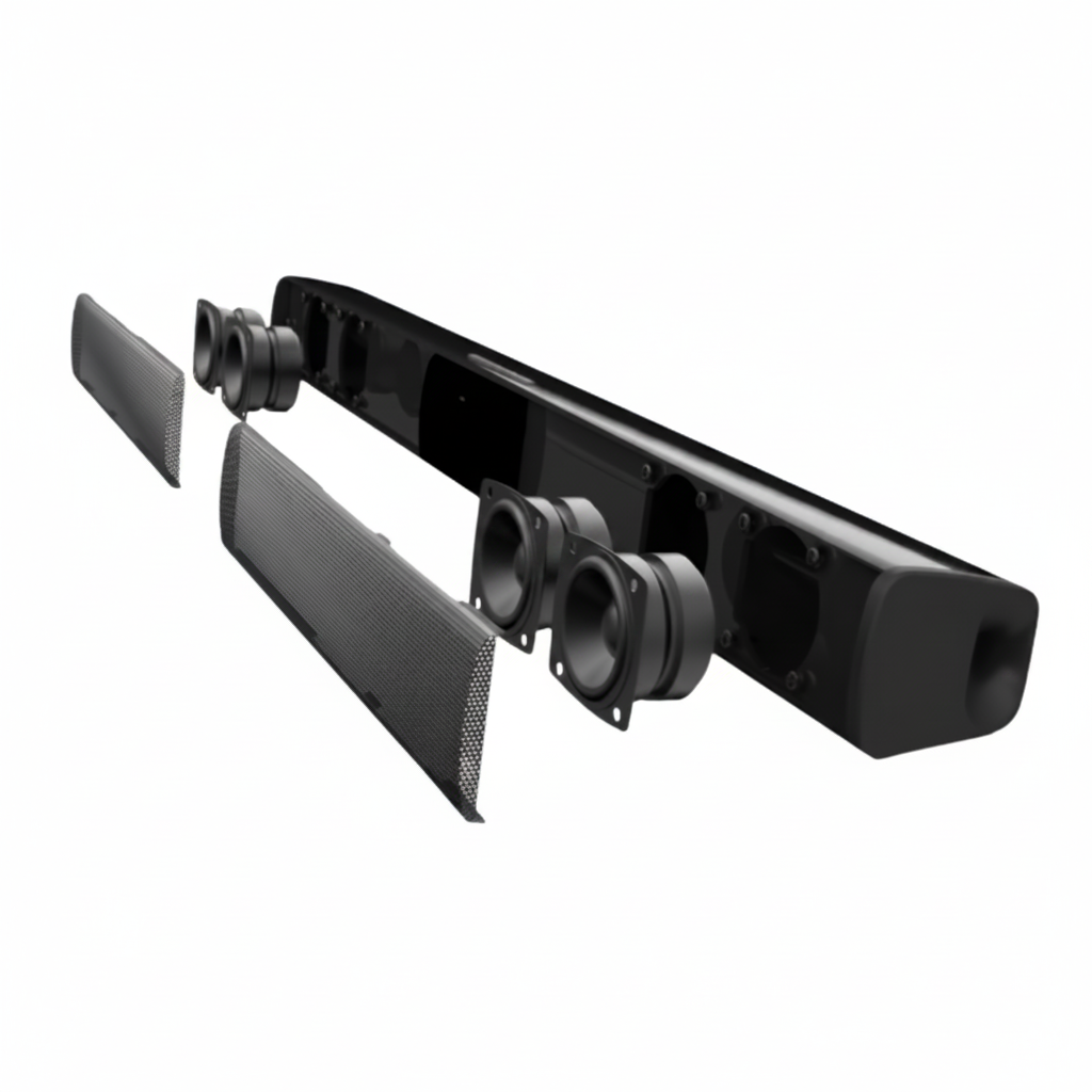Soundbar TV Bluetooth 20W vista esplosa: unità centrale con driver e griglie