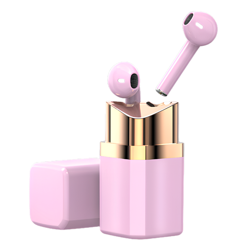 Auricolari Bluetooth a forma di rossetto, in-ear, rosa con custodia dorata, leggero, comfort e riduzione del rumore