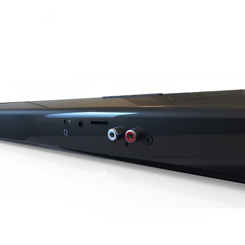 Soundbar nera per TV/PC con uscite RCA bianche e rosse sul retro, design sottile.