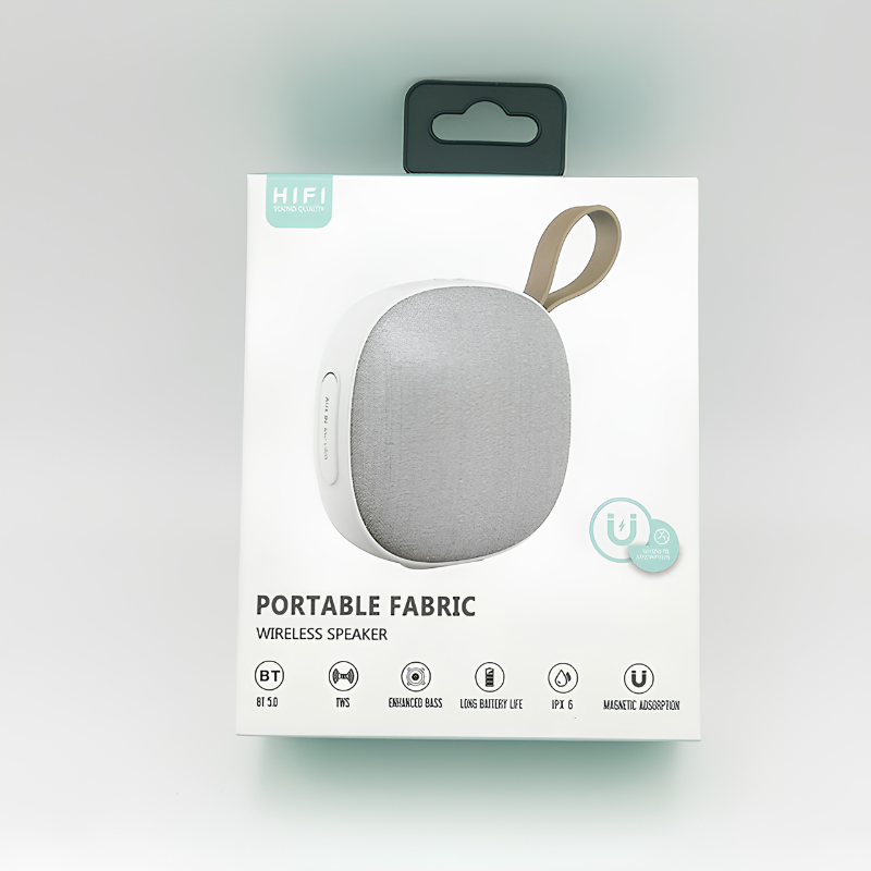 Altoparlante Bluetooth magnetico, corpo in tessuto-effetto pelle, IPX6, bassi potenti, vivavoce, gancio per appendere.