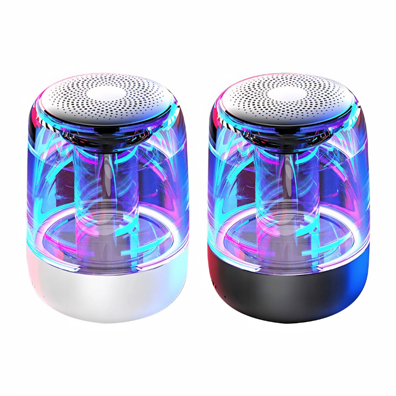 Due altoparlanti Bluetooth portatili con LED multicolore, bass potente e corpo cilindrico trasparente.