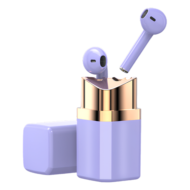 Auricolari Bluetooth in-ear a forma di rossetto, custodia viola dorata, design leggero e confortevole.