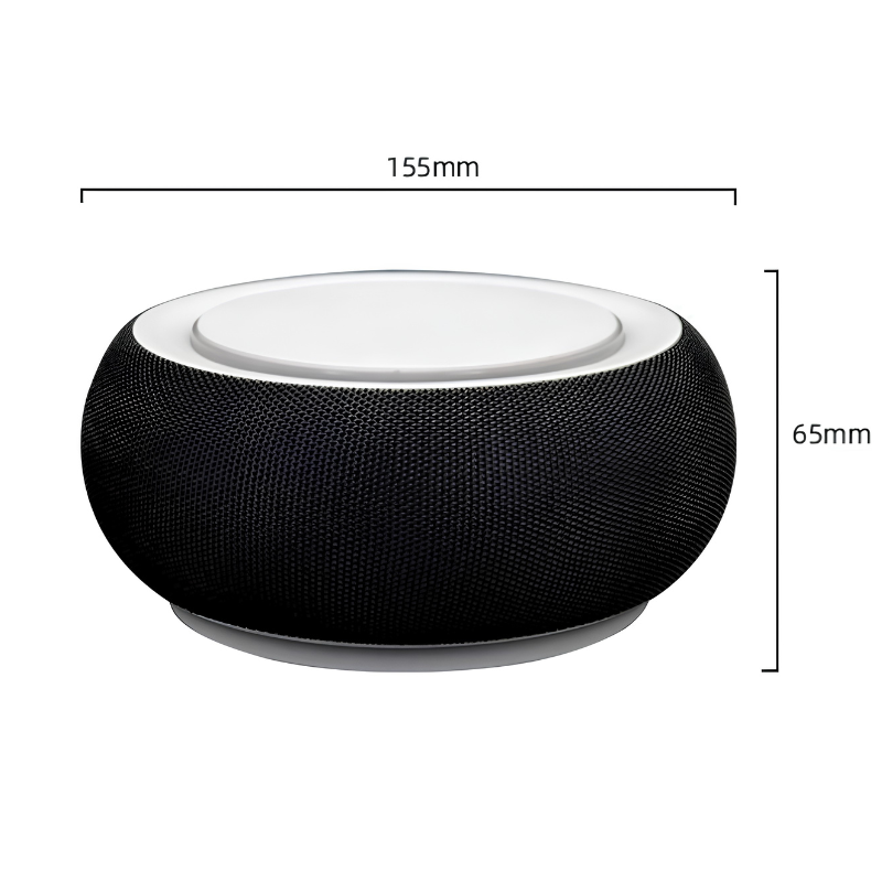 Altoparlante Bluetooth wireless con due diffusori e subwoofer, corpo rotondo nero.
