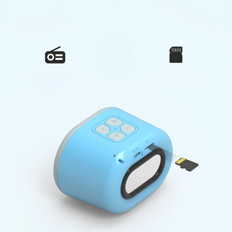 Diffusore Bluetooth mini a forma di macaron azzurro con pulsanti superiori e porta TF/USB.
