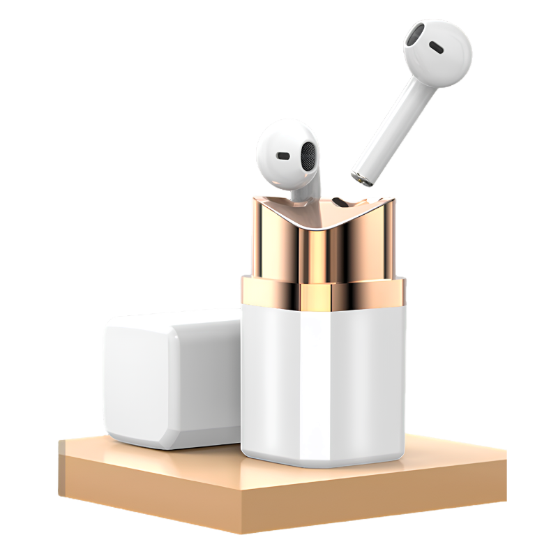 Auricolari Bluetooth in-ear stile rossetto bianchi con custodia dorata, design leggero ed ergonomico.