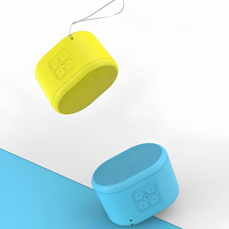 Mini macaron Bluetooth altoparlante portatile giallo e azzurro, USB, batteria 1500mAh, 8h riproduzione, 100Hz-20kHz