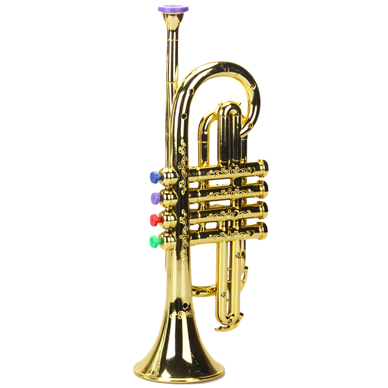 Tromba giocattolo dorata a quattro note con pistoni colorati, strumenti per bambini.
