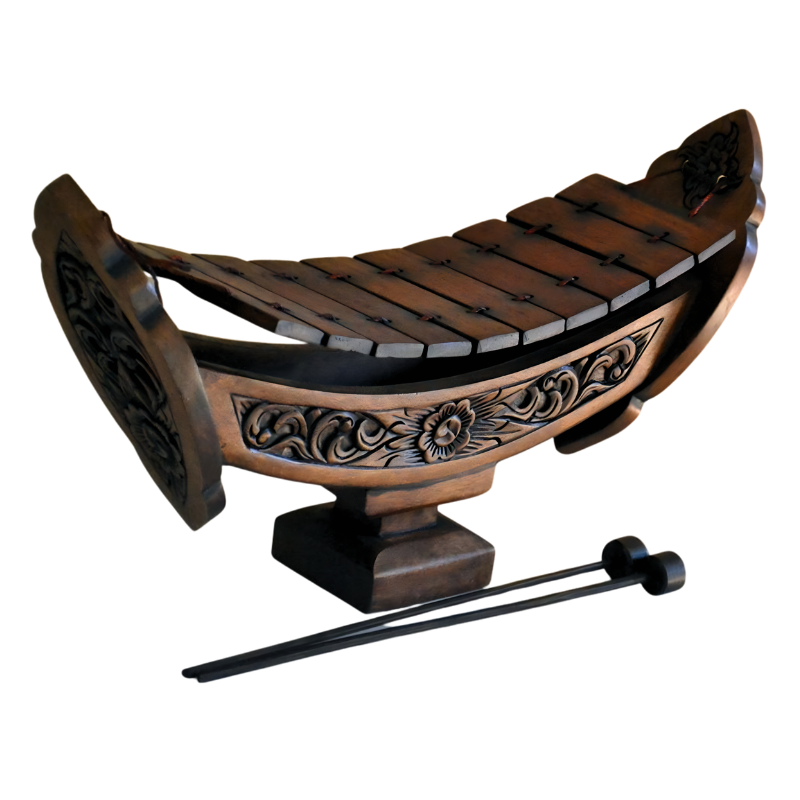 Xilofono a mano in legno, supporto decorativo con motivi orientali, misura 27x16 cm, bacchette incluse
