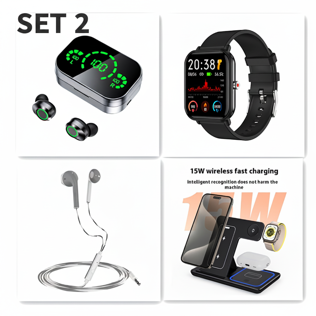 Auricolari wireless con custodia LED grande display, orologio, auricolari cablati bianchi, caricatore wireless 15W.
