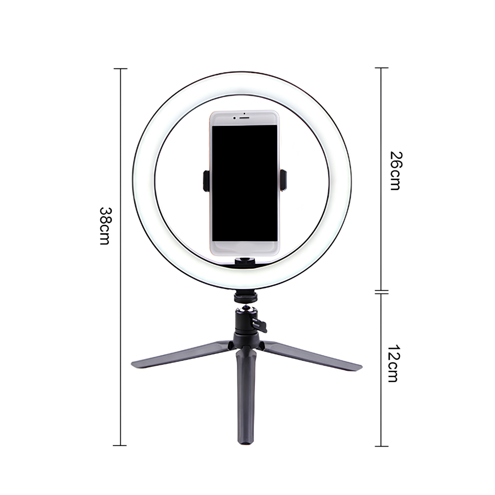 Ring light LED da 26 cm con telefono al centro e supporto su treppiede, dimensione totale 38cm, diametro anello LED 26cm.