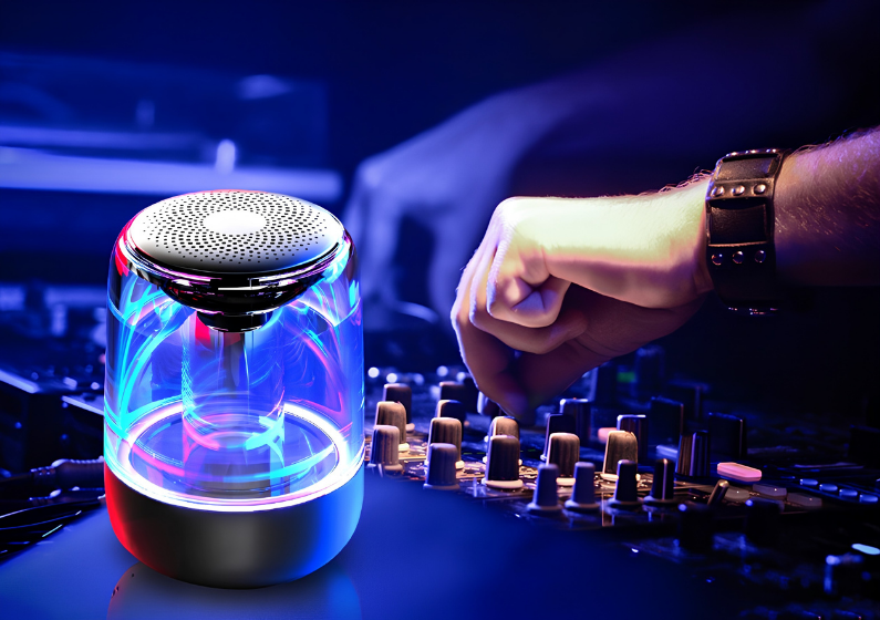 Altoparlante Bluetooth portatile con LED colorati, bass potente, accanto a mixer DJ.