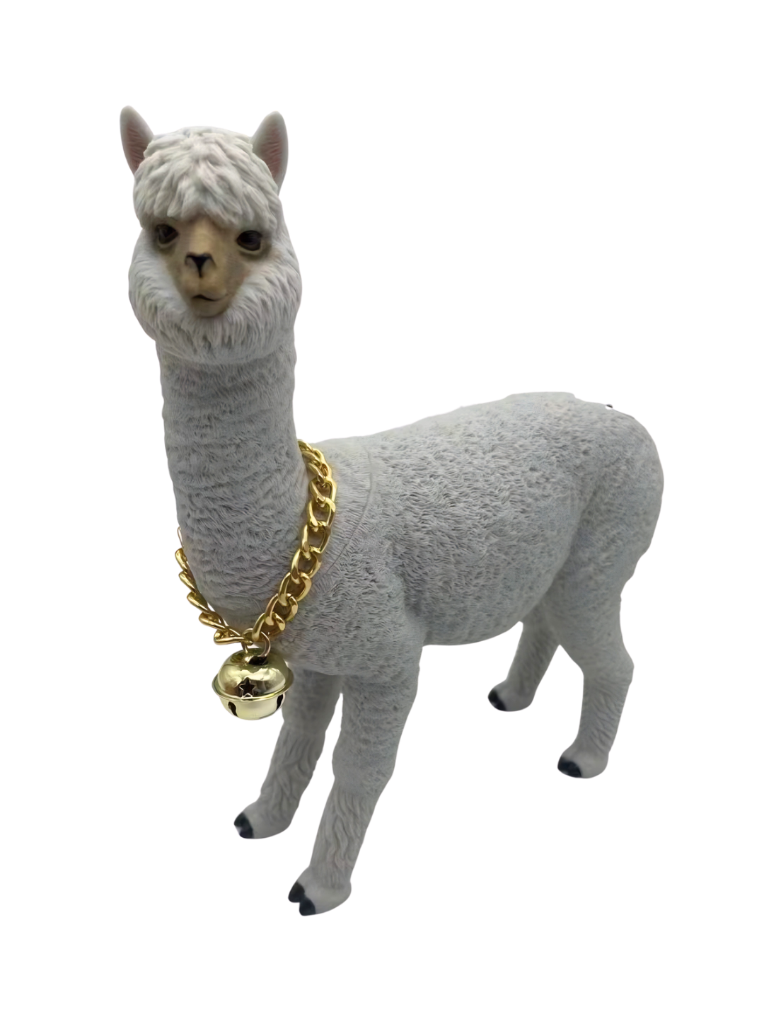 Alpaca decorativa grigia con collana a catena dorata e campanella.