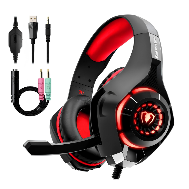 Beexcellent GM-1 cuffie gaming con LED rosse, microfono, cavo splitter, per console/smartphone/PC/Laptop