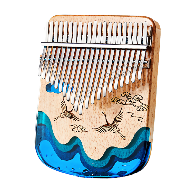 Kalimba in legno di faggio con 17/21 tasti, resina ecologica con decorazione gru e onde.