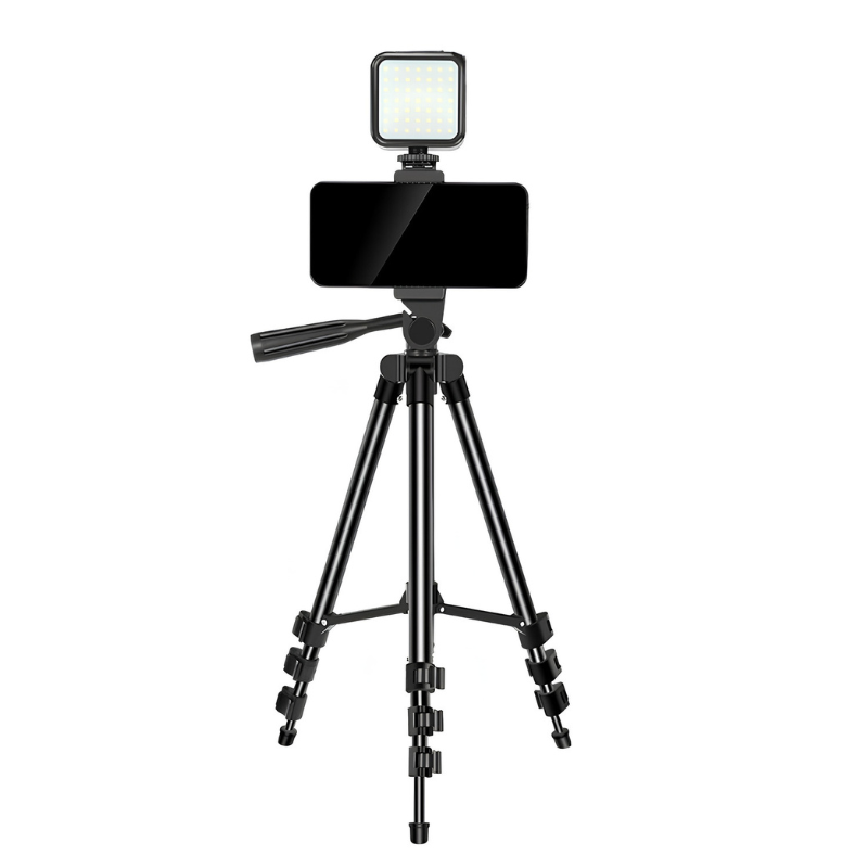Treppiede portatile con LED per fotocamera e smartphone, lampada 6500K, batteria ricaricabile, nero, estensione 1,3 m