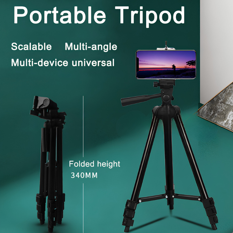 Treppiede portatile con lampada LED per fotocamera, supporto smartphone, altezza 340 mm, colore nero.